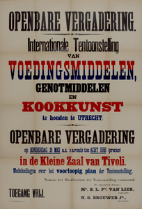 799094 Affiche van de openbare vergadering die werd gehouden in de Kleine Zaal van Gebouw Tivoli (Kruisstraat) te ...
